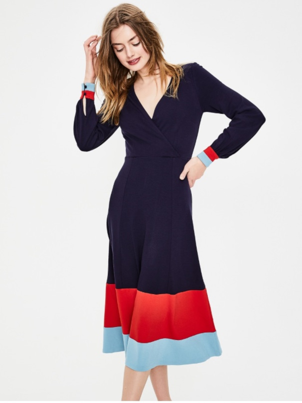Boden Magnolia Jersey Midi Dress in Navy with Red & Light Blue Bands
